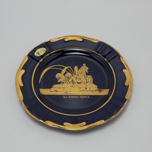 Oro De Ley Cobalt Blue 18k Gold Ceramic Plate La Cibeles Madrid 8 Inches - Picture 8 of 11